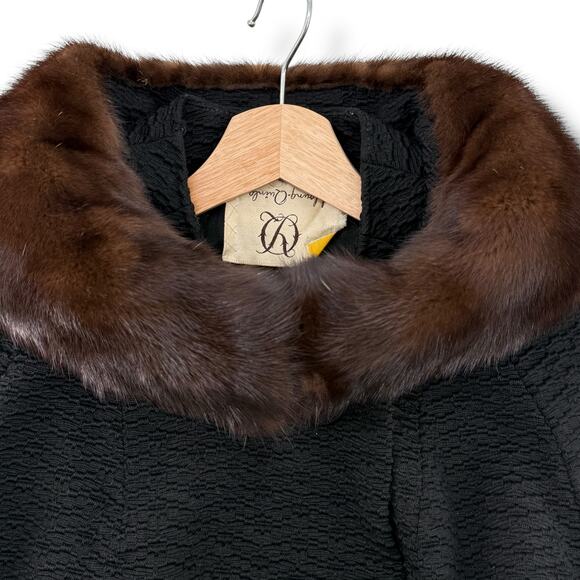 Vintage Young Quinlan Black Textured Wool Coat Brown Mink Fur Collar Size Large - Picture 3 of 8